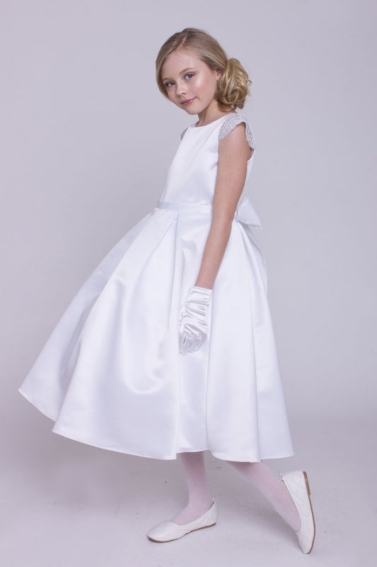 Amazing Beaded Cap Sleeve Girls Communion Dress White Front View