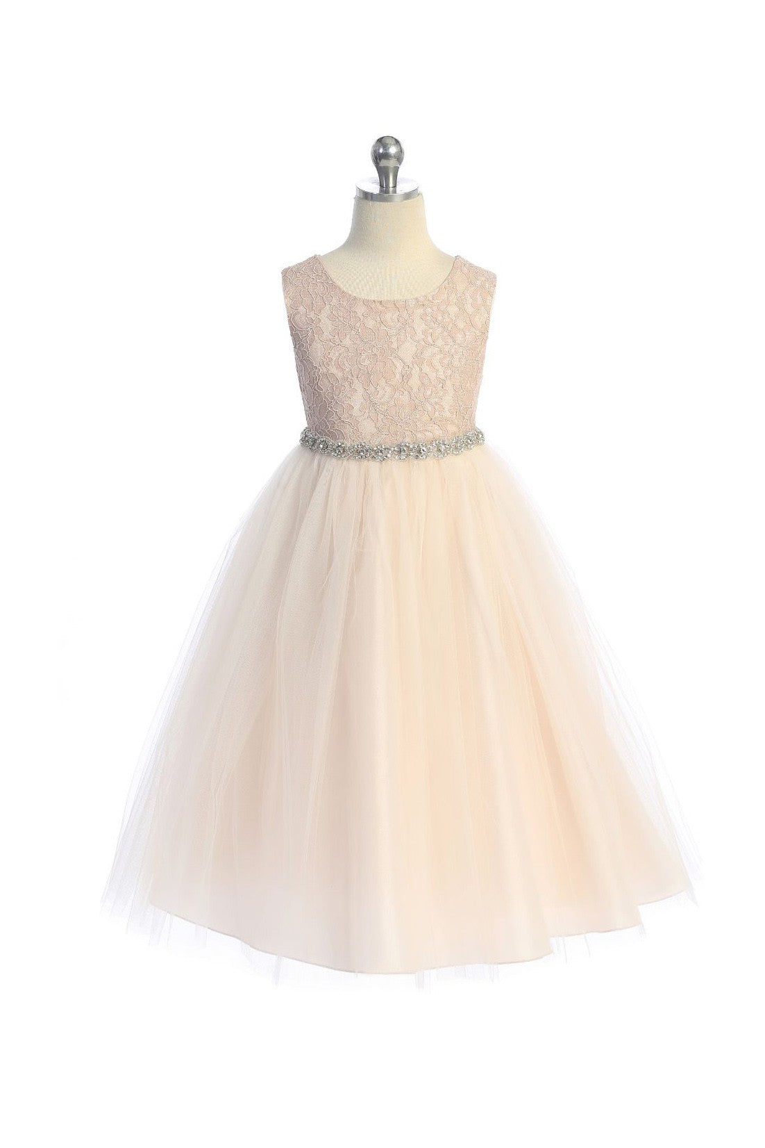 Anastasia Lace Top Girls Communion Dress With Rhinestone Blush Front View