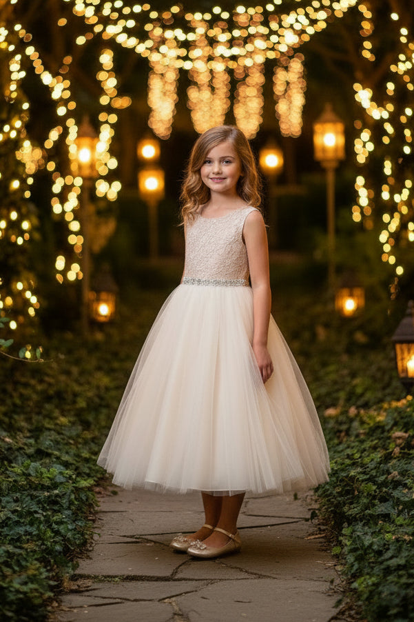 Anastasia Lace Top Girls Communion Dress With Rhinestone Blush Front View