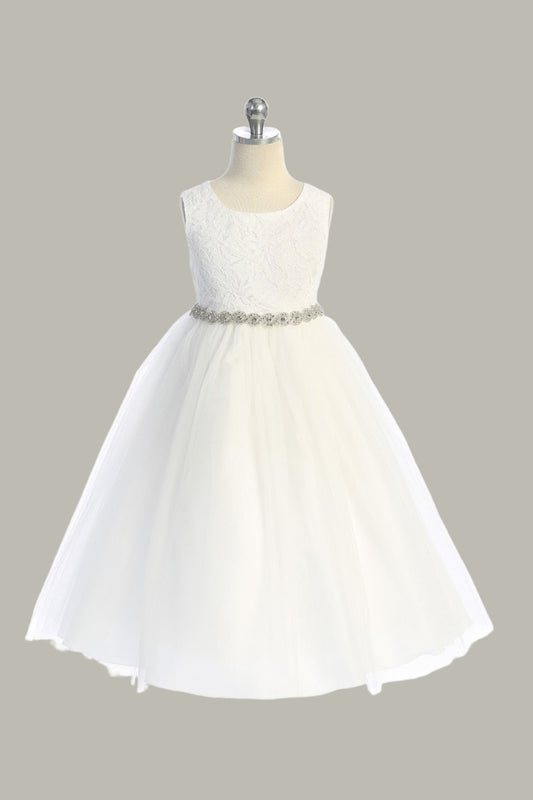 Anastasia Lace Top Girls Communion Dress With Rhinestone White Front View
