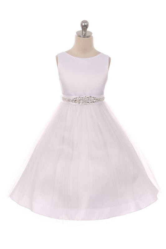 Beautiful Crystal Belt Flower Girl Dress Tea Length White Front View