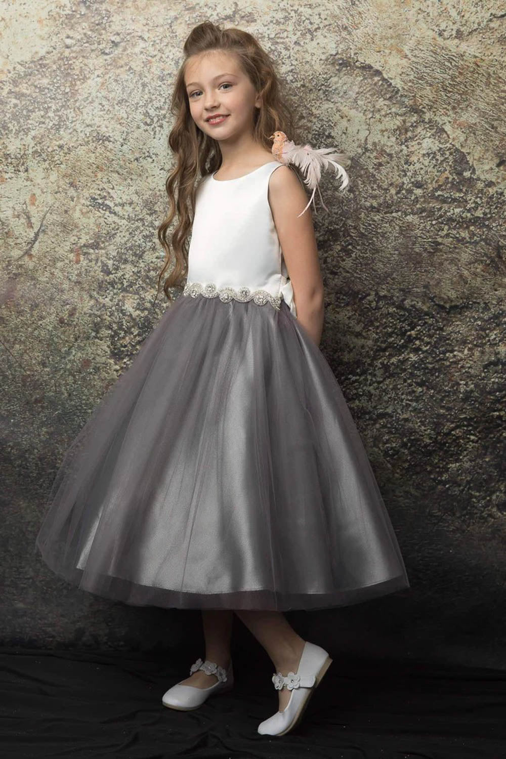 Bella Rhinestone Trim Girls Dress Black White Face Live View