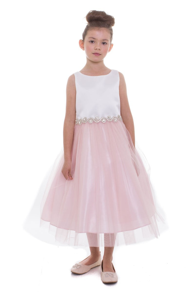 Bella Rhinestone Trim Girls Dress Blush Front View