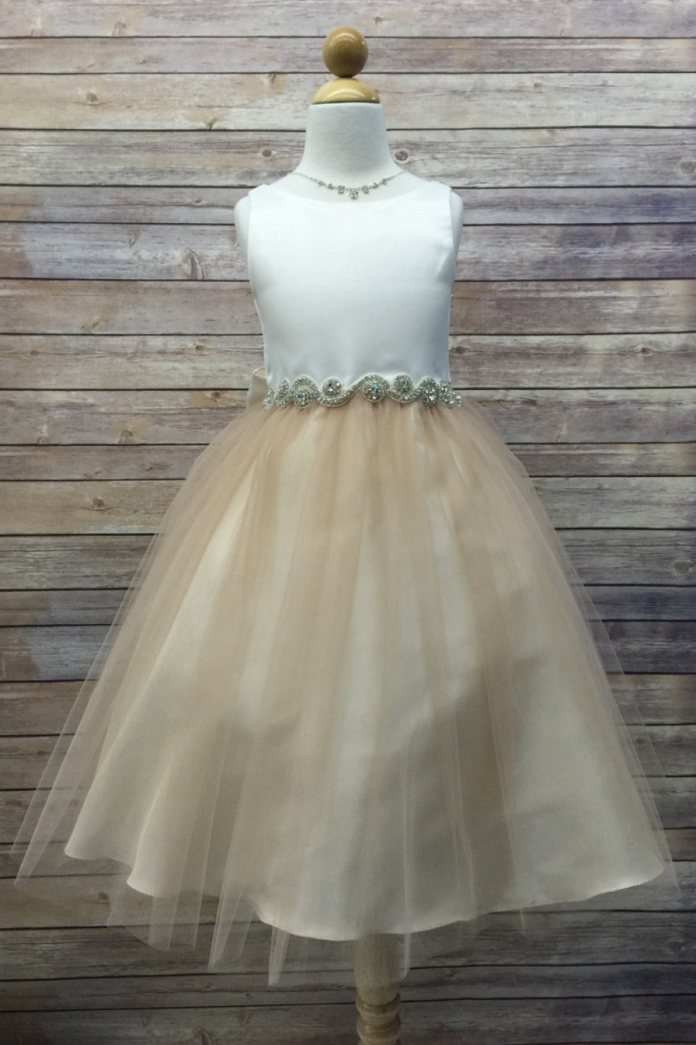 Bella Rhinestone Trim Girls Dress Champagne Front View