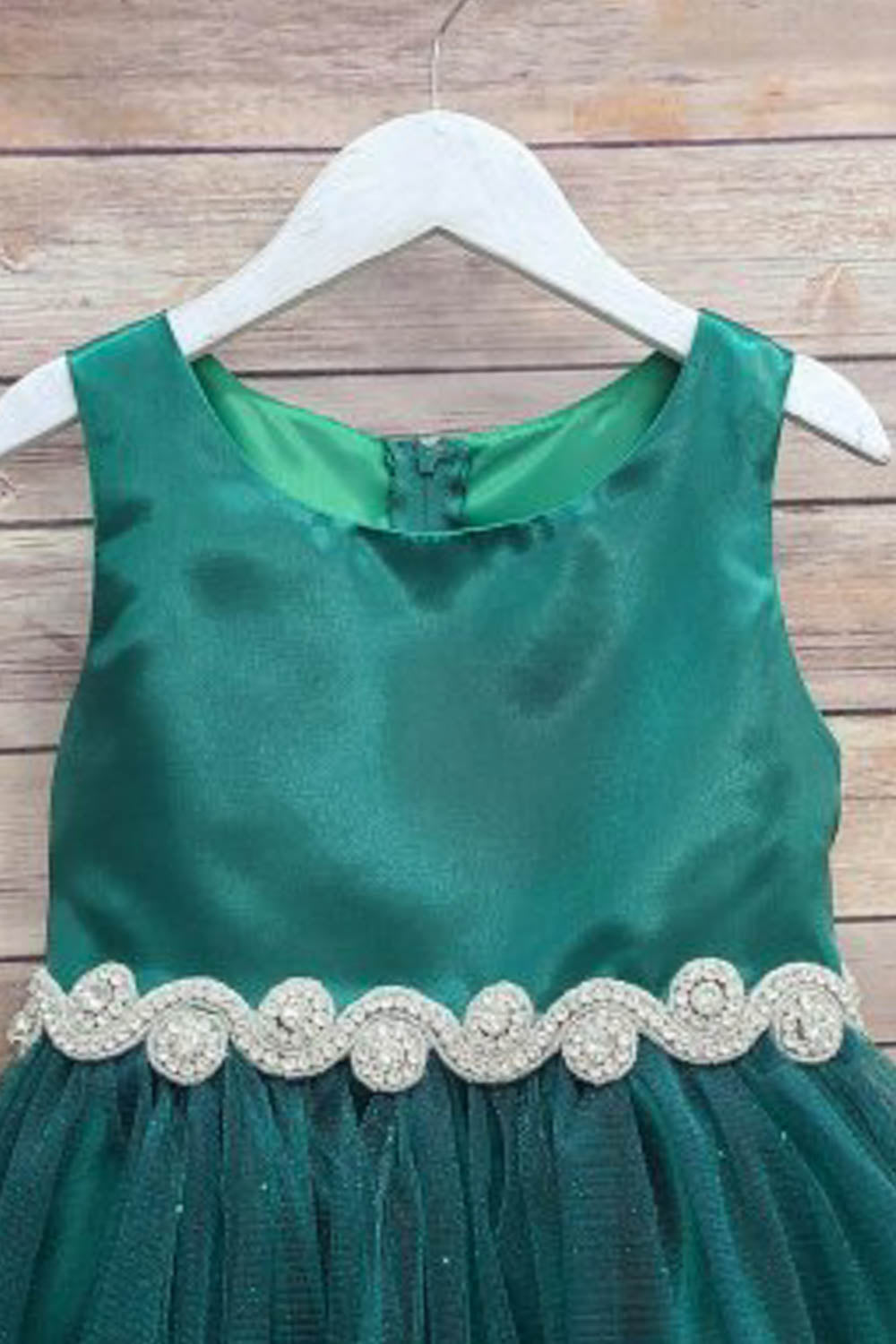 Bella Rhinestone Trim Girls Dress Green Trim View