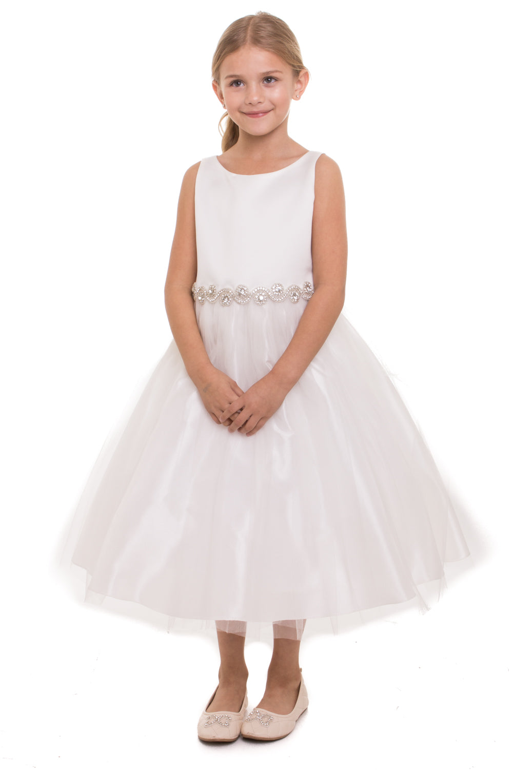 Bella Rhinestone Trim Girls Dress Ivory Front Life View