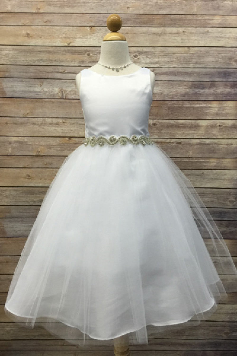 Bella Rhinestone Trim Girls Dress Ivory Front View