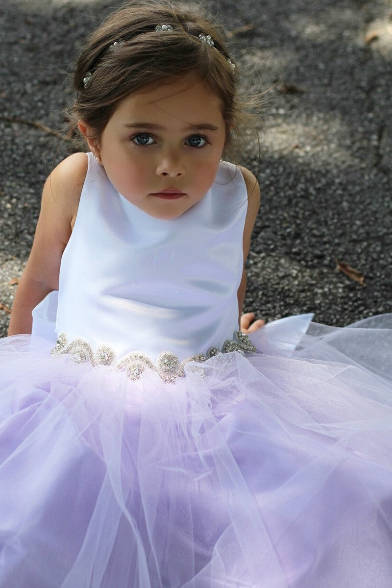 Bella Rhinestone Trim Girls Dress Lilac Face Live View