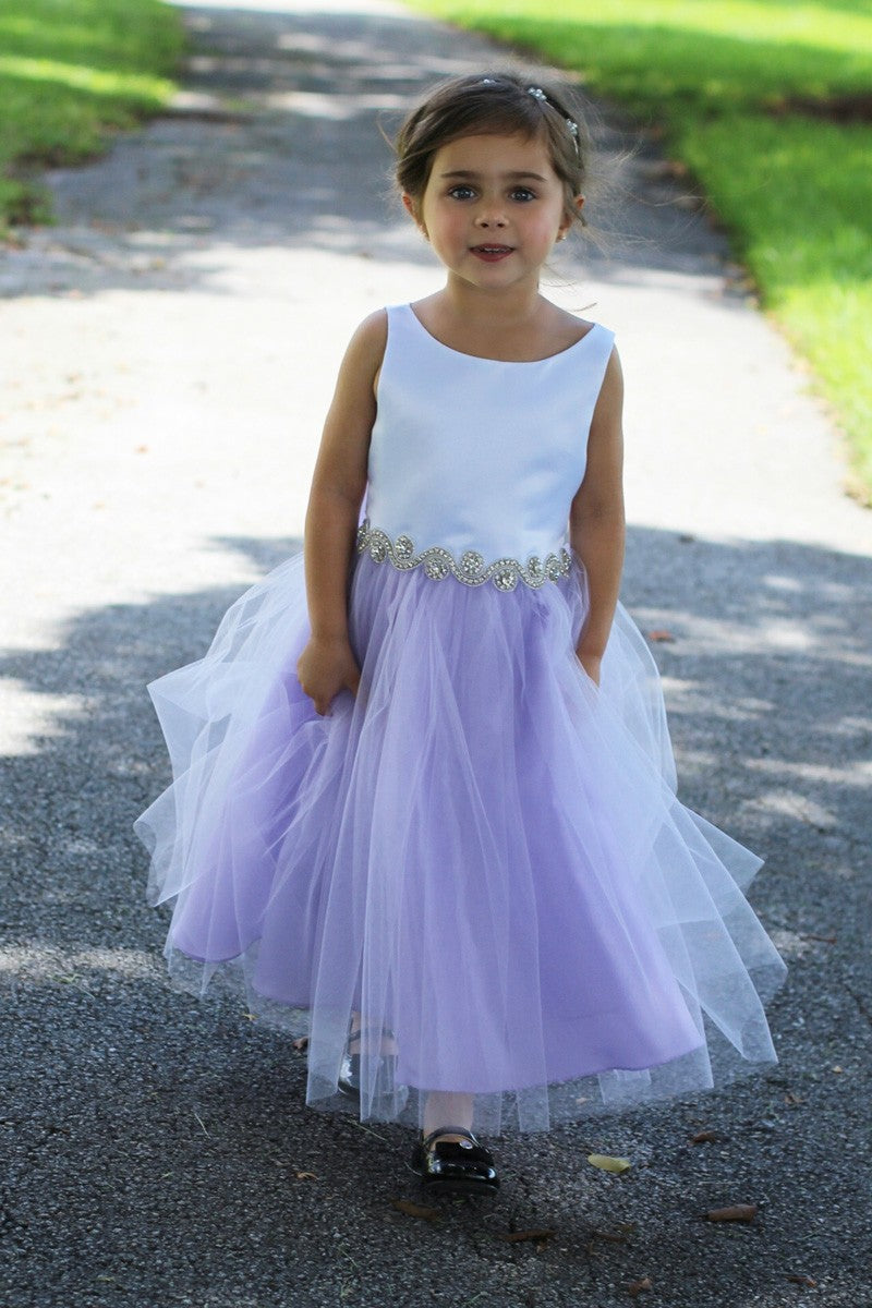 Bella Rhinestone Trim Girls Dress Lilac Front Live View