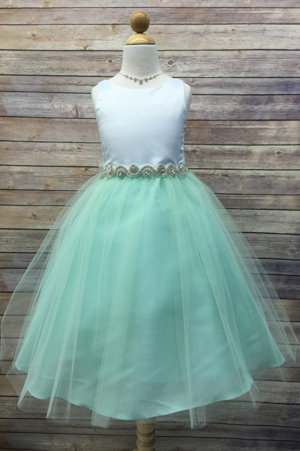 Bella Rhinestone Trim Girls Dress Mint Front View