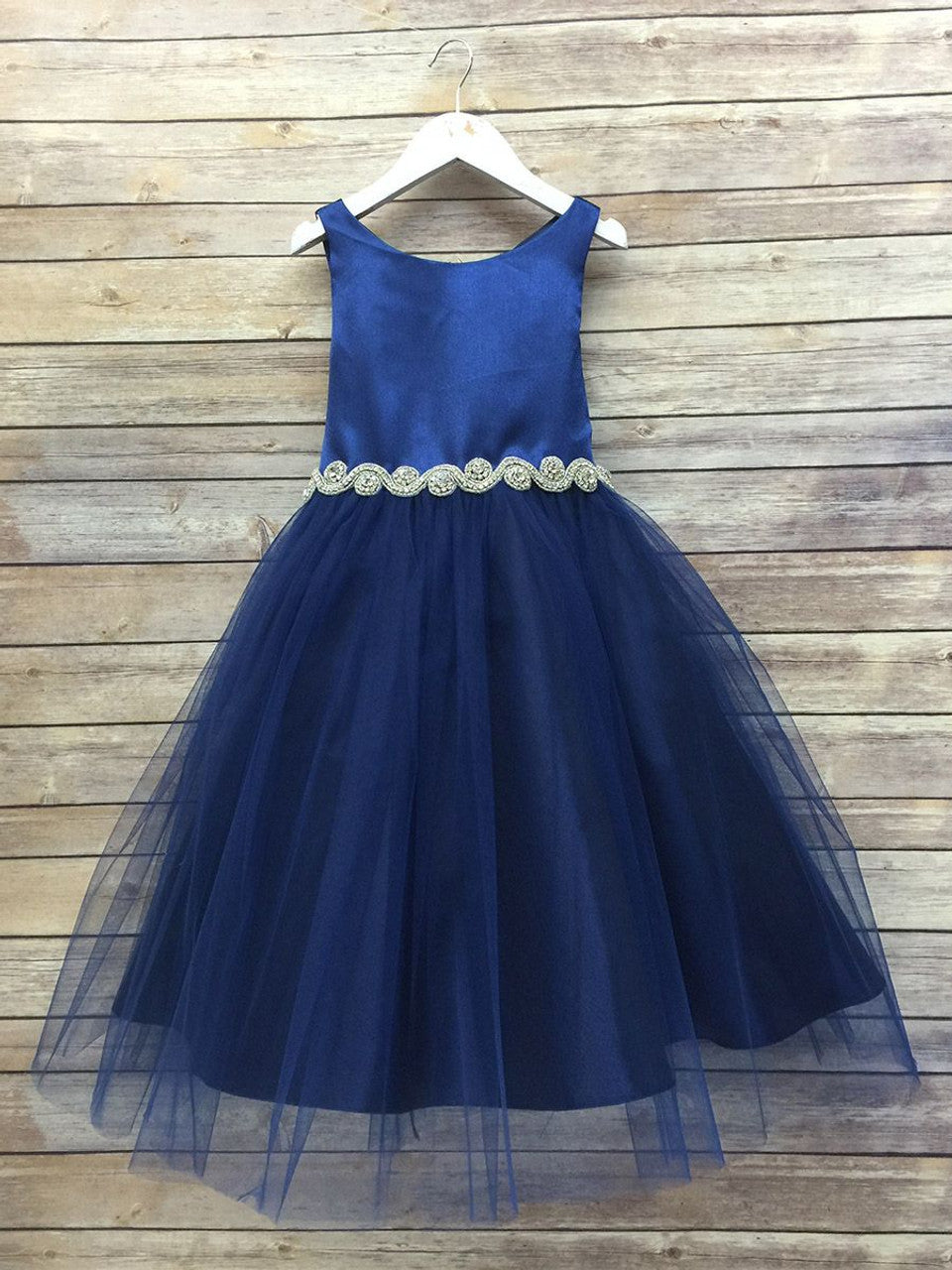 Bella Rhinestone Trim Girls Dress Navy Front View