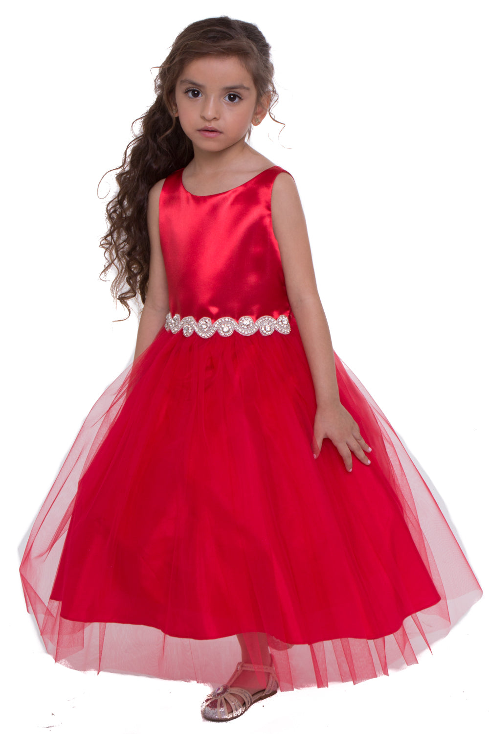 Bella Rhinestone Trim Girls Dress Red Front View