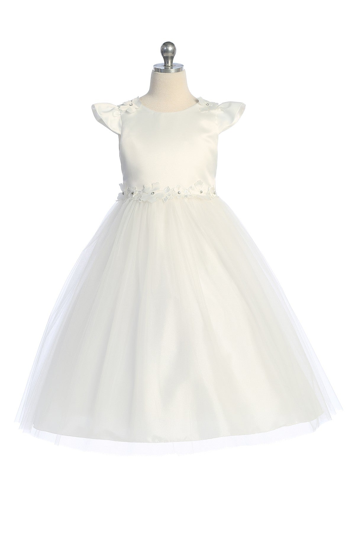 Butterfly Sleeve Girls Fancy  Dress Tea Length Ivory Front View