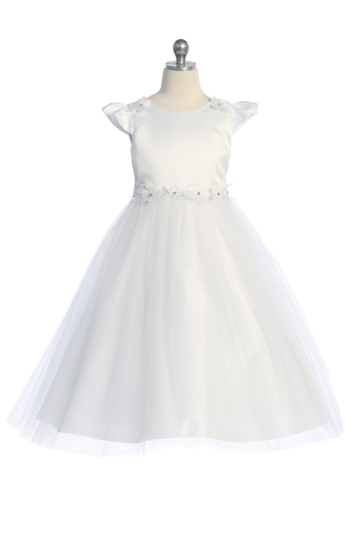 Butterfly Sleeve Girls Party Dress Tea Length White Front View