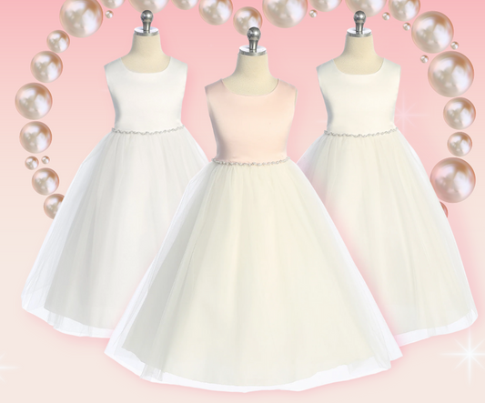 Classic Customizable Flower Girl Dress White Swirl Trim View