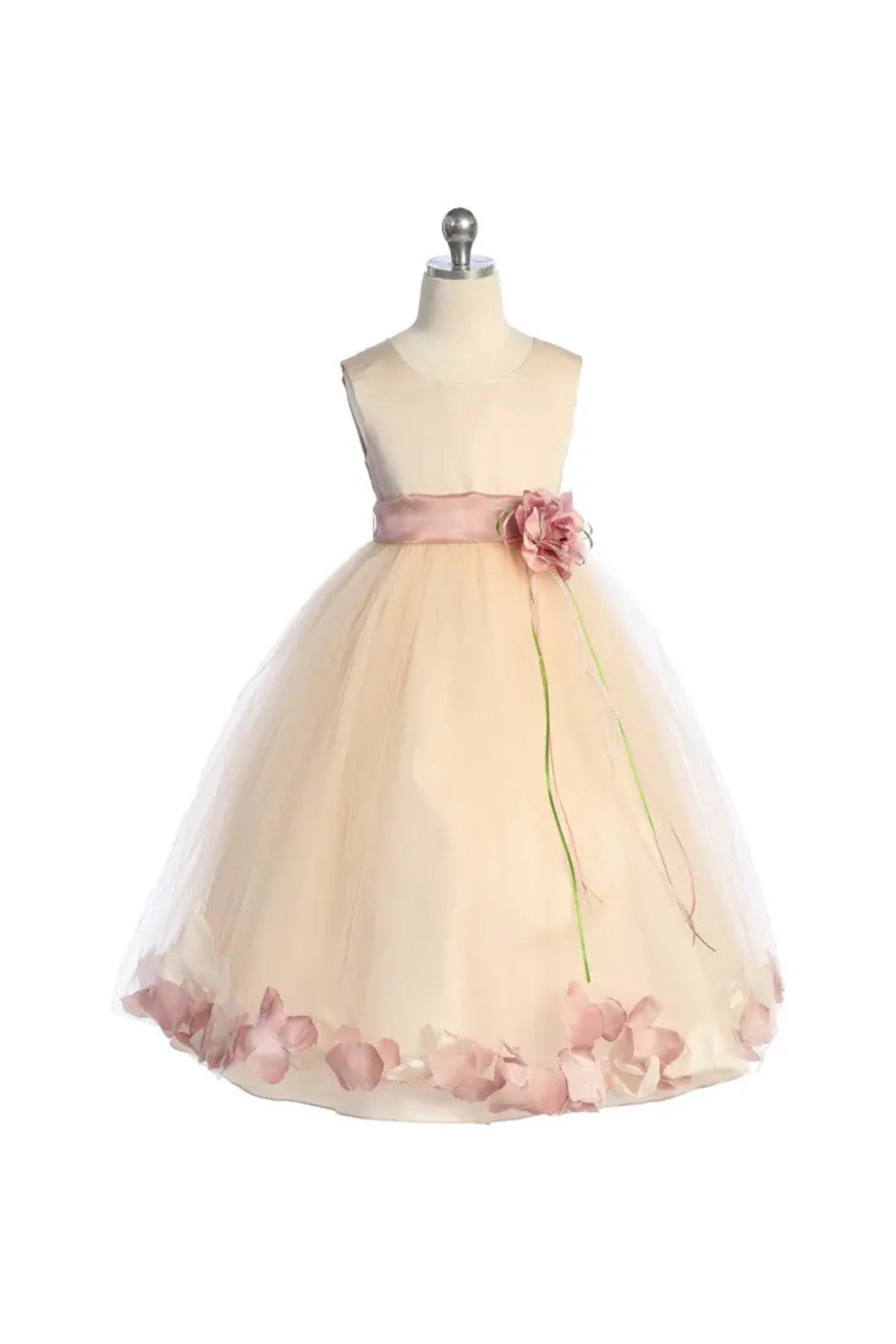 Classic Flower Petal Sash Girls Dress Ivory Blush Front View