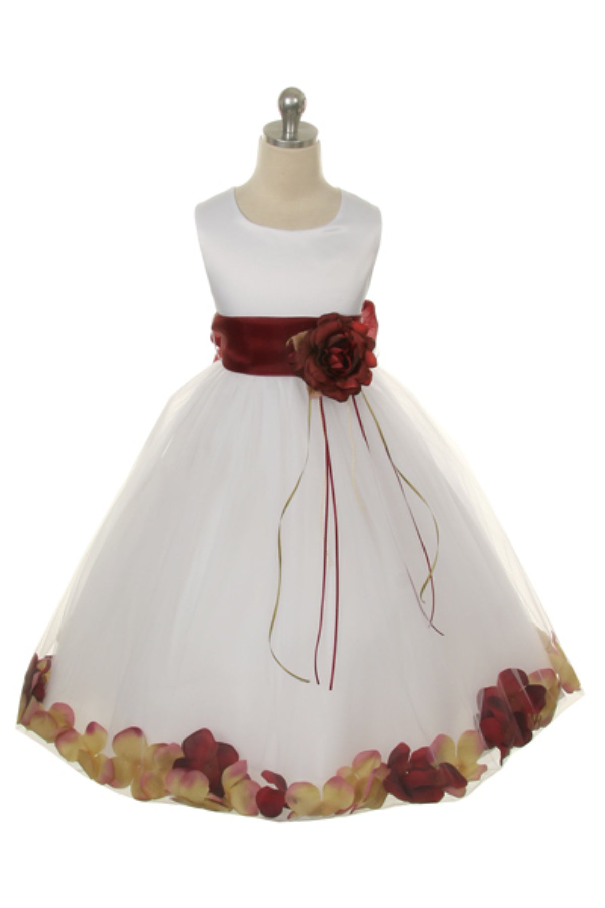 Classic Flower Petal Sash Girls Dress Ivory Burgundy Front View