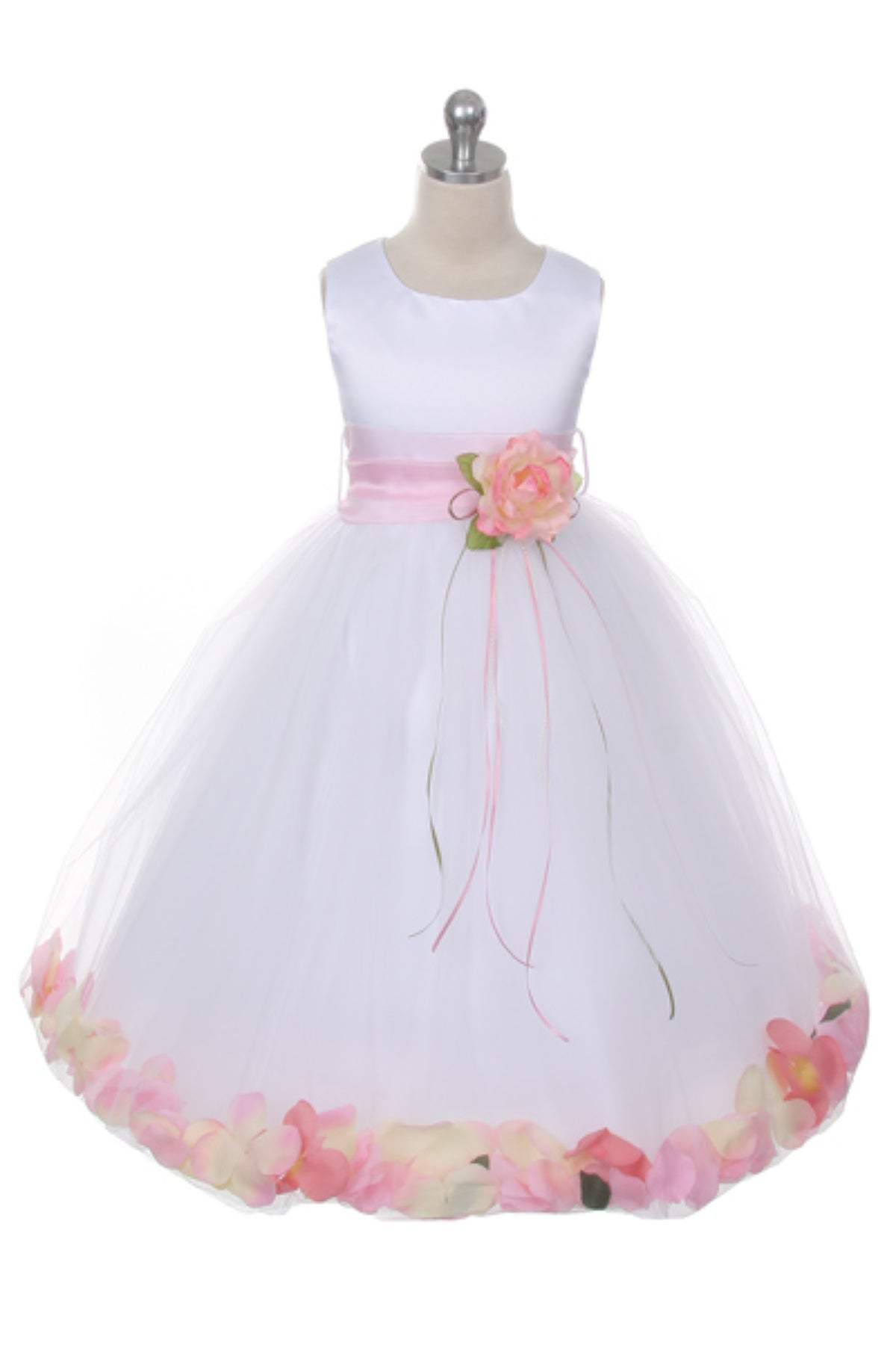 Classic Flower Petal Sash Girls Dress White Pink Front View