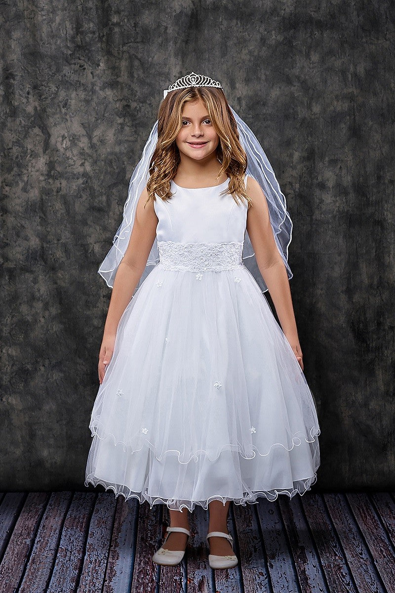 Classic Lace Waist Girls Dress White Front View