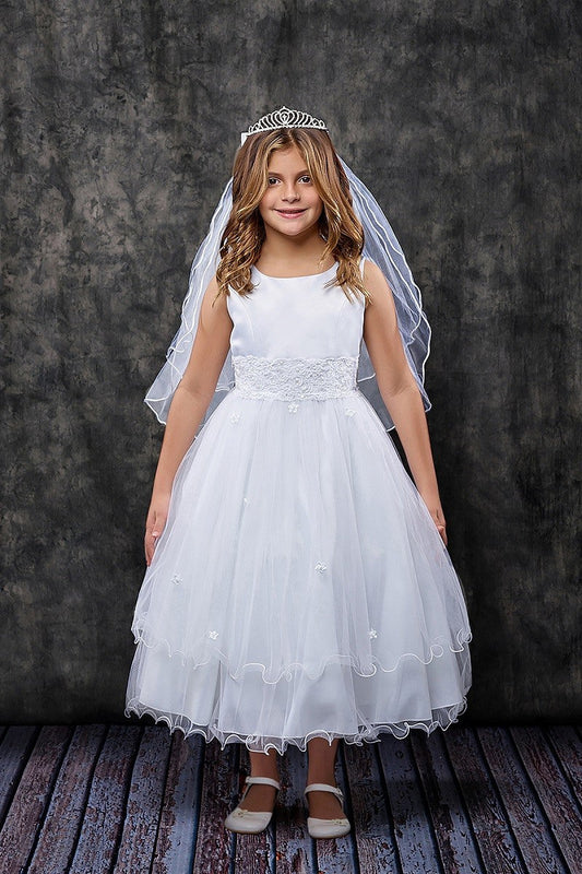 Classic Lace Waist Girls Dress White Front View