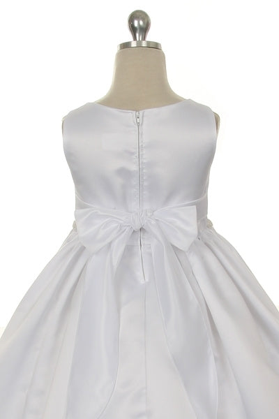 Satin Box Pleat Flower Girls Dress Tea Length White Top Back View