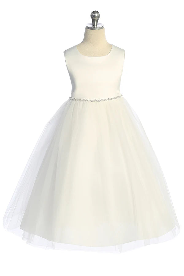 Delicate Satin Top Girls Dress Ivory Front View
