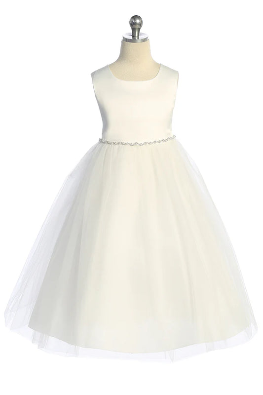 Delicate Satin Top Girls Dress Ivory Front View