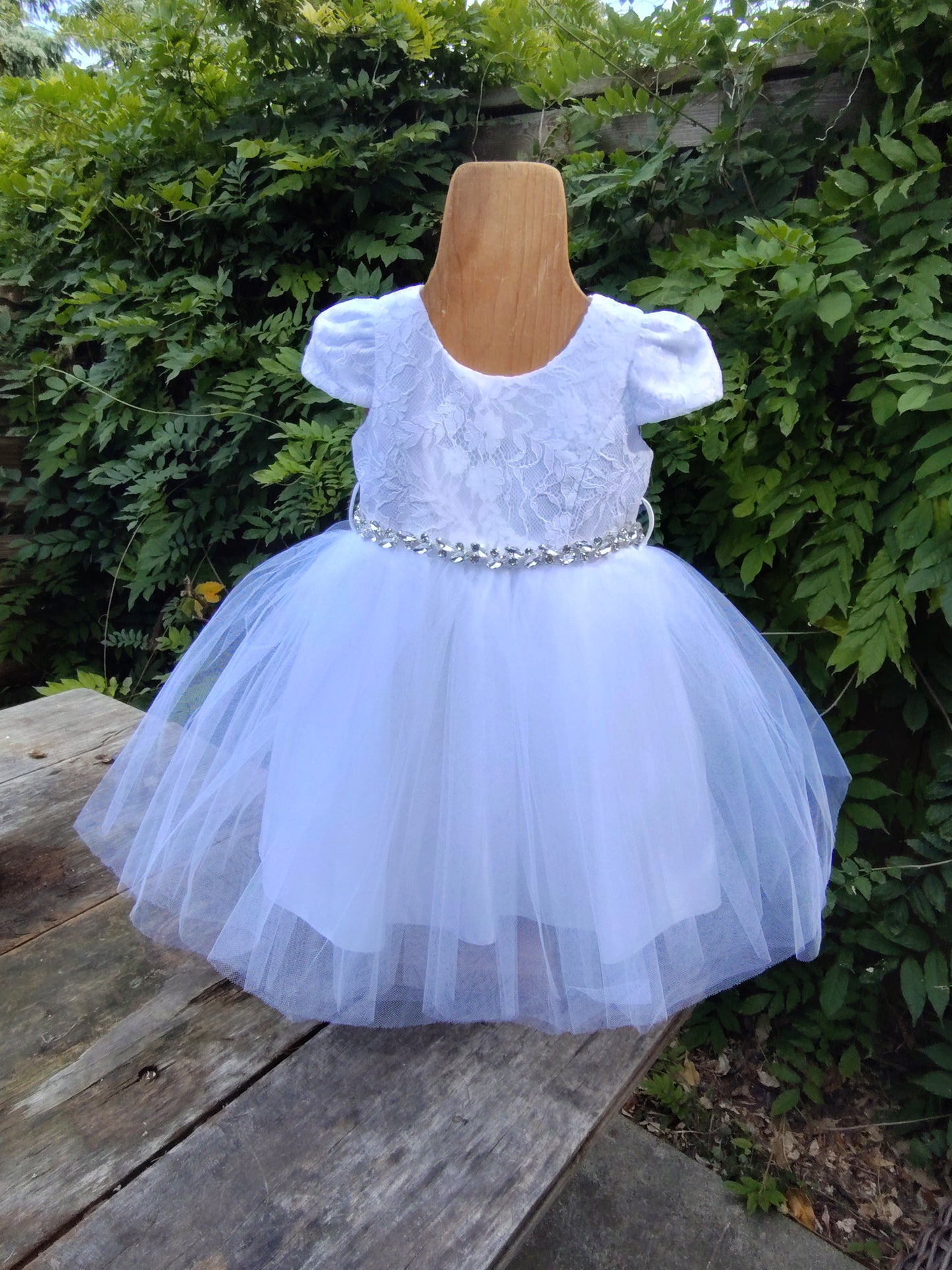 Fancy Lace Top Baby Dress With Cap Sleeve And Rhinestone Belt