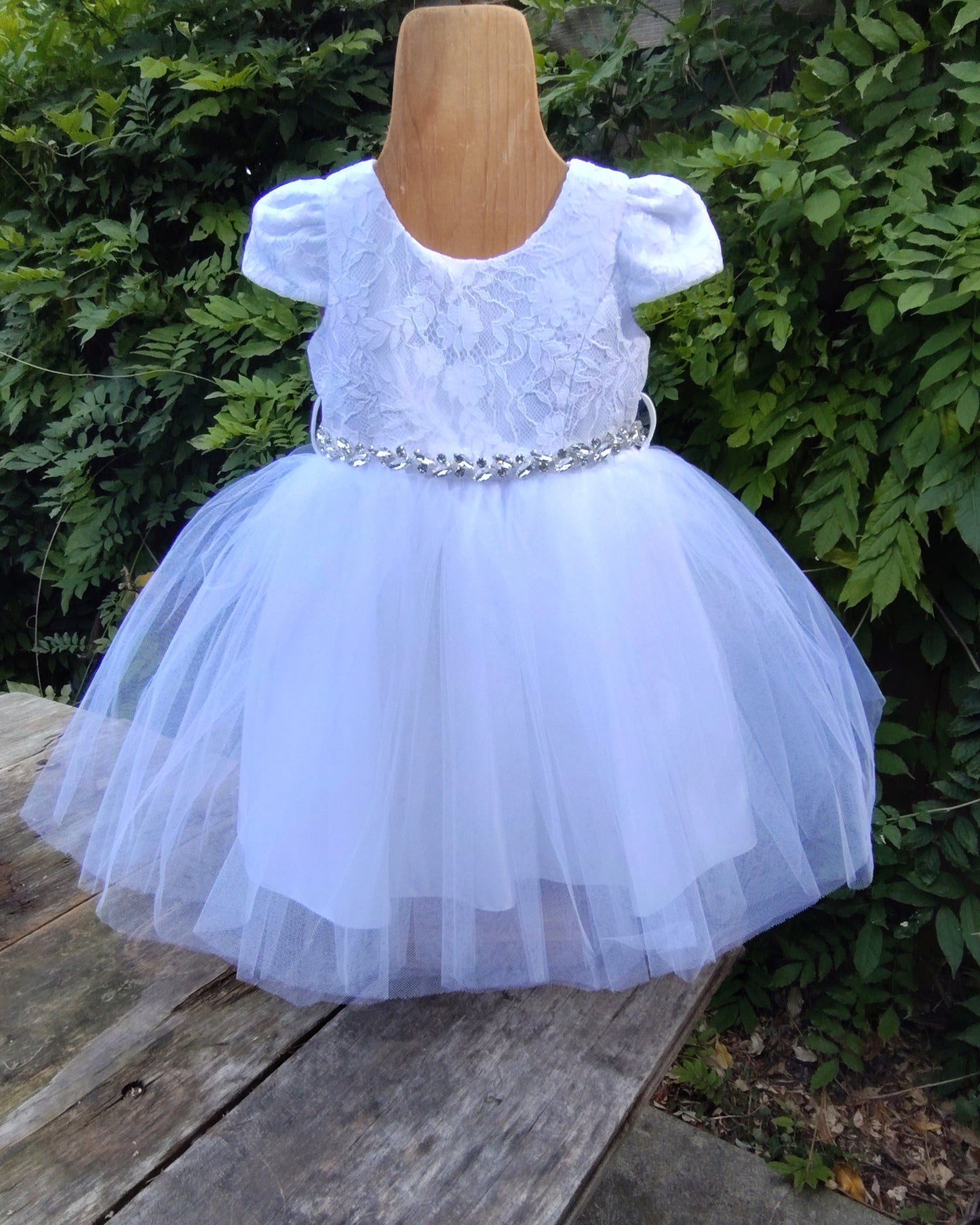 Fancy Lace Top Baby Dress With Cap Sleeve And Rhinestone Belt