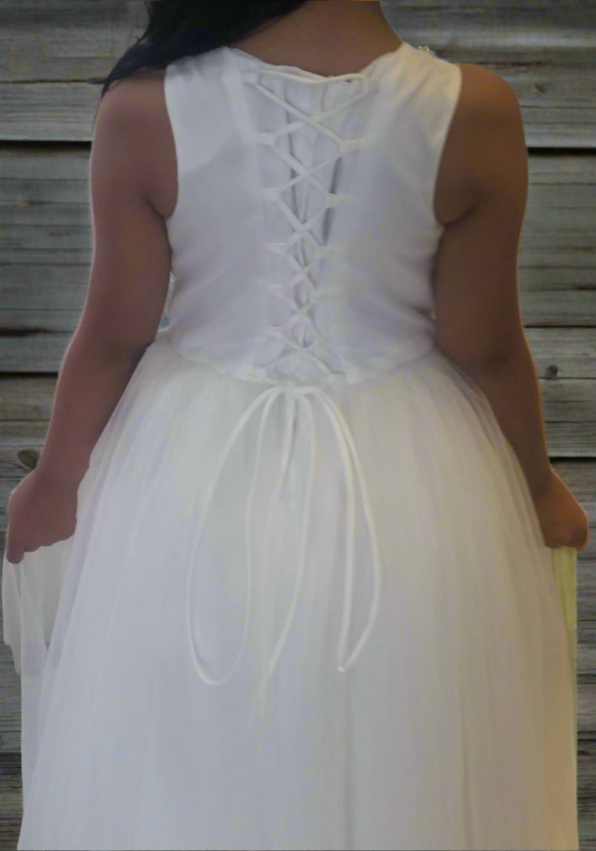 Fancy Beaded Sweetheart Top Girls Long Gown White Back Detail View