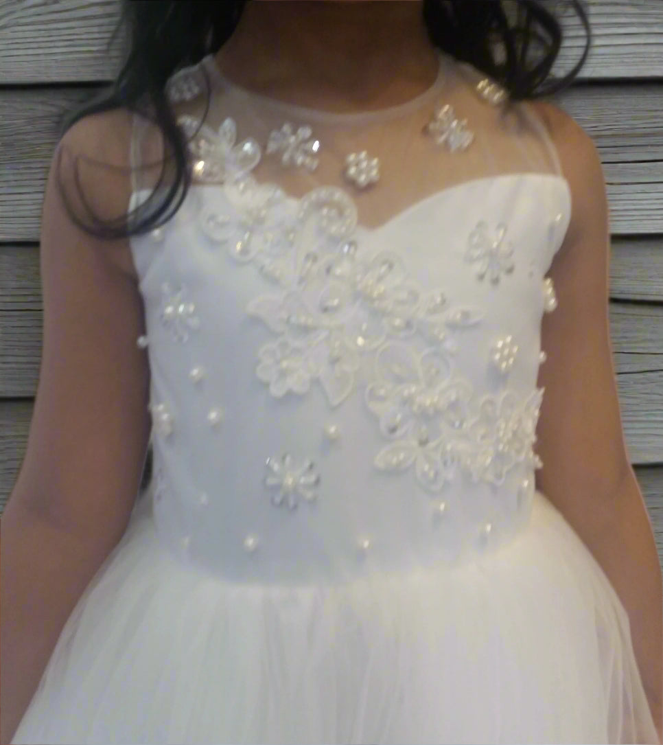 Fancy Beaded Sweetheart Top Girls Long Gown White Front Detail View