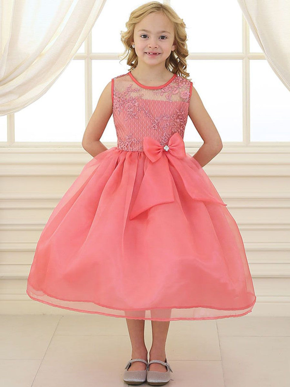 Fancy Extravagant Bow Girls Party Dress Coral Front View