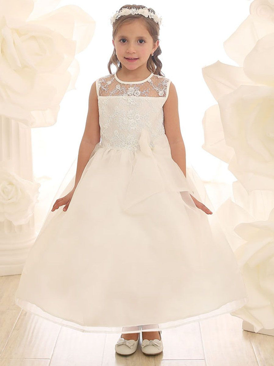 Fancy Extravagant Bow Girls Party Dress Ivory Front View