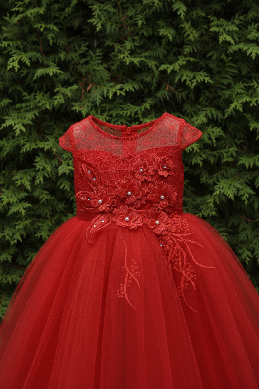 Fancy Hanging Appliqué Girl Dress White Detail View