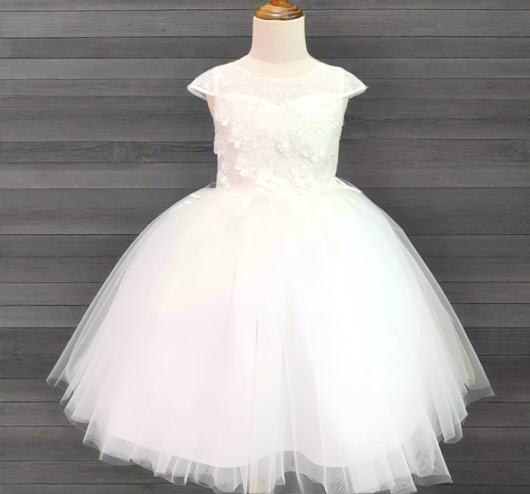Fancy Hanging Appliqué Girl Dress White Front View