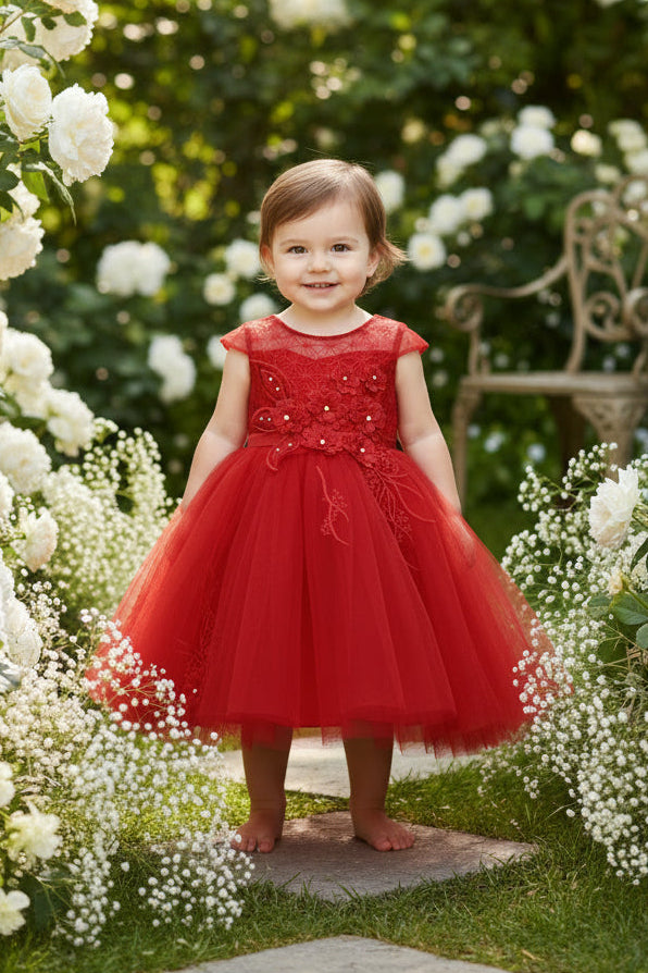 Fancy Hanging Appliqué Girl Dress red Detail View