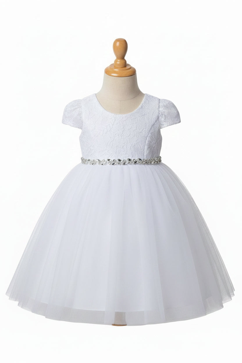 Fancy Lace Top Baby Dress With Rhinestone Belt White close up Canada