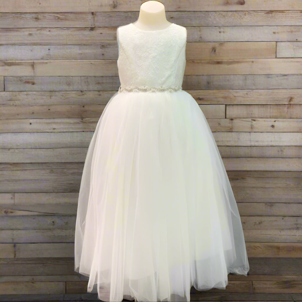 Fancy Lace Top Girls Flower Girl Dress Ivory Front View