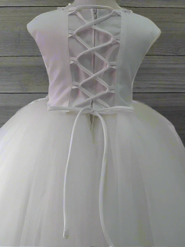 Fancy Pearl And Crystal Neckline Girls Dress White  Back Detail View