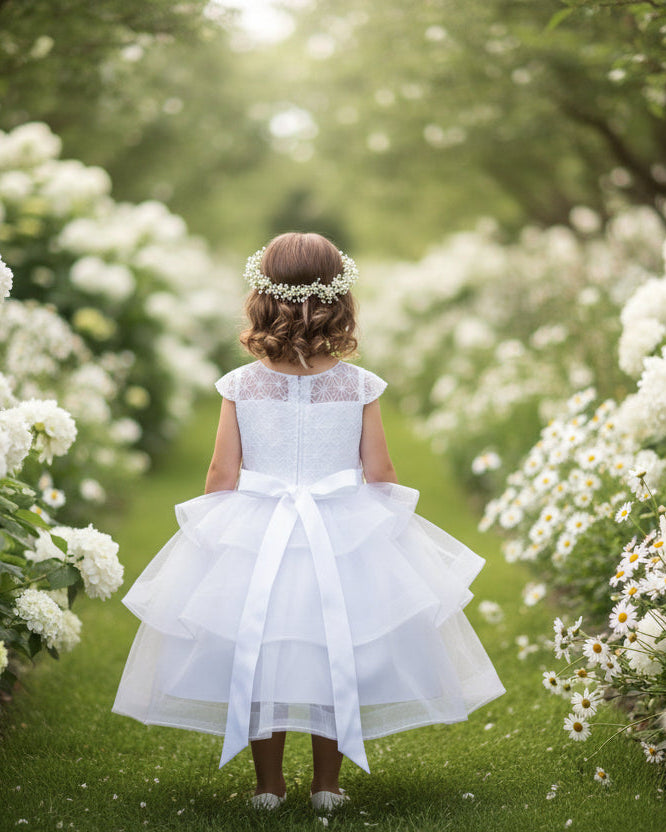 Fancy Tiered Skirt First Holy Communion Gown White Back View