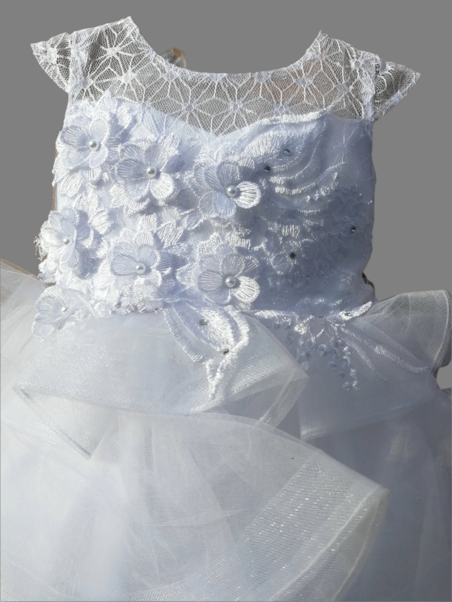 Fancy Tiered Skirt First Holy Communion Gown White Front Detail  View
