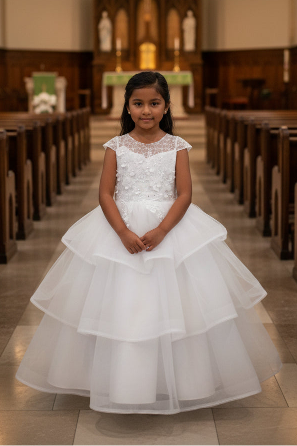 Fancy Tiered Skirt First Holy Communion Gown White Front View