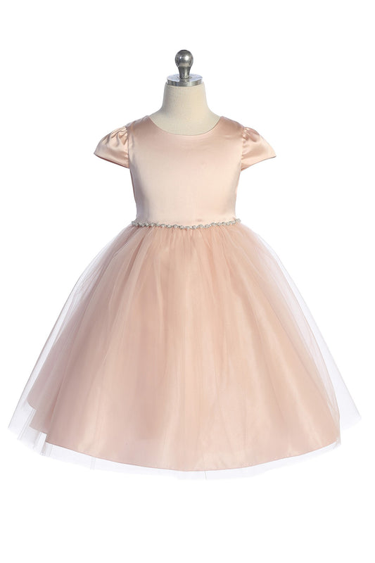 Fitted Cap Sleeve Flower Girl Dress Delicate Trim Blush Front View