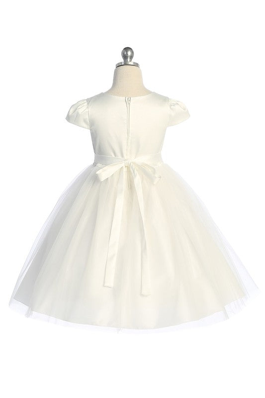 Fitted Cap Sleeve Flower Girl Dress Delicate Trim Ivory Back View