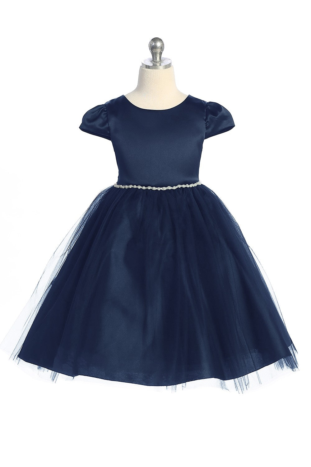 Fitted Cap Sleeve Flower Girl Dress Delicate Trim Navy Front View