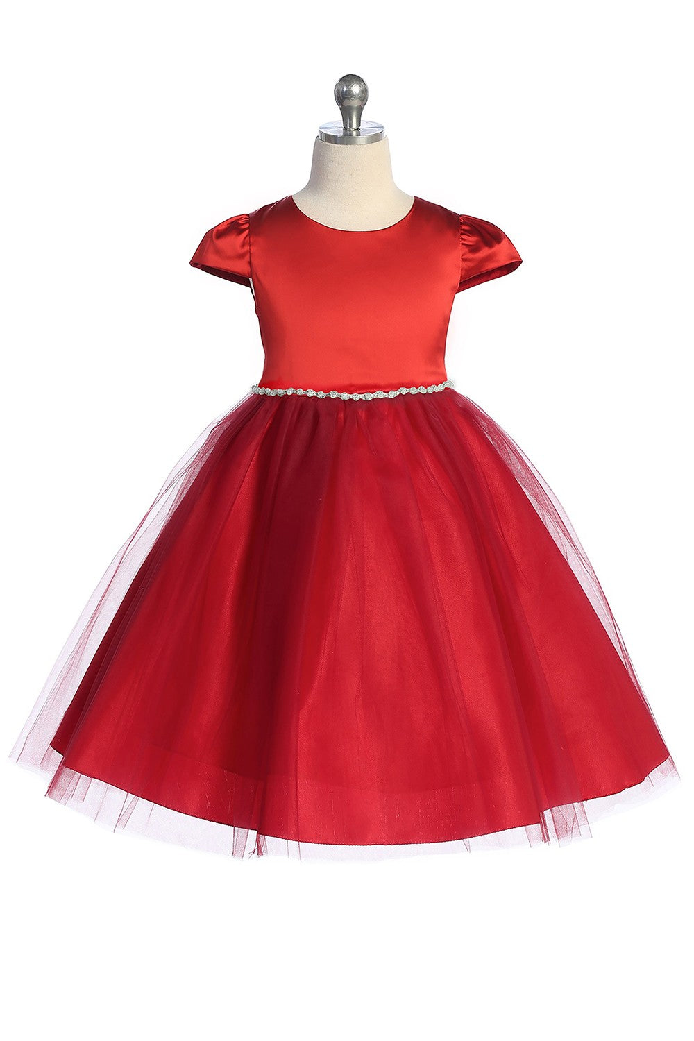 Fitted Cap Sleeve Flower Girl Dress Delicate Trim Red Front View