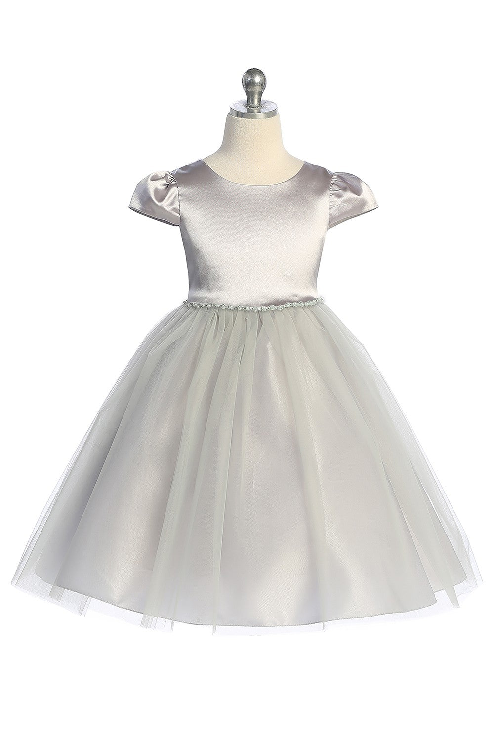 Fitted Cap Sleeve Flower Girl Dress Delicate Trim Silver Front View