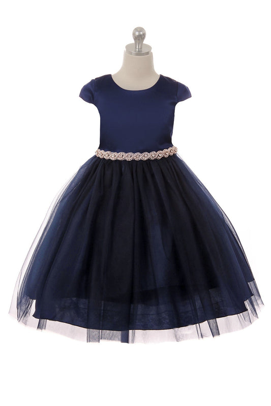 Fitted Cap Sleeve Girls Dress Navy Front view