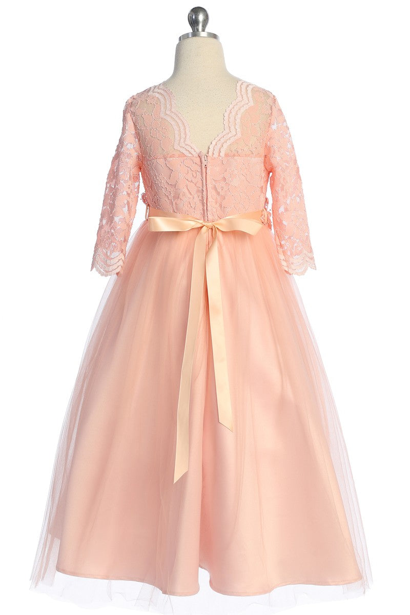 Floral Trim Long Sleeve Girls Formal Gown Pink Back Detail View