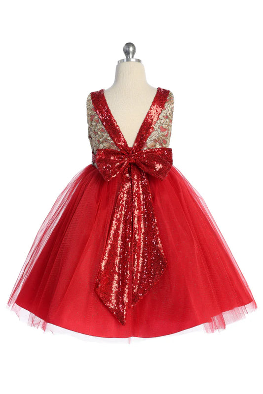 Gold Jacquard V Back Girls Dress Red Back View